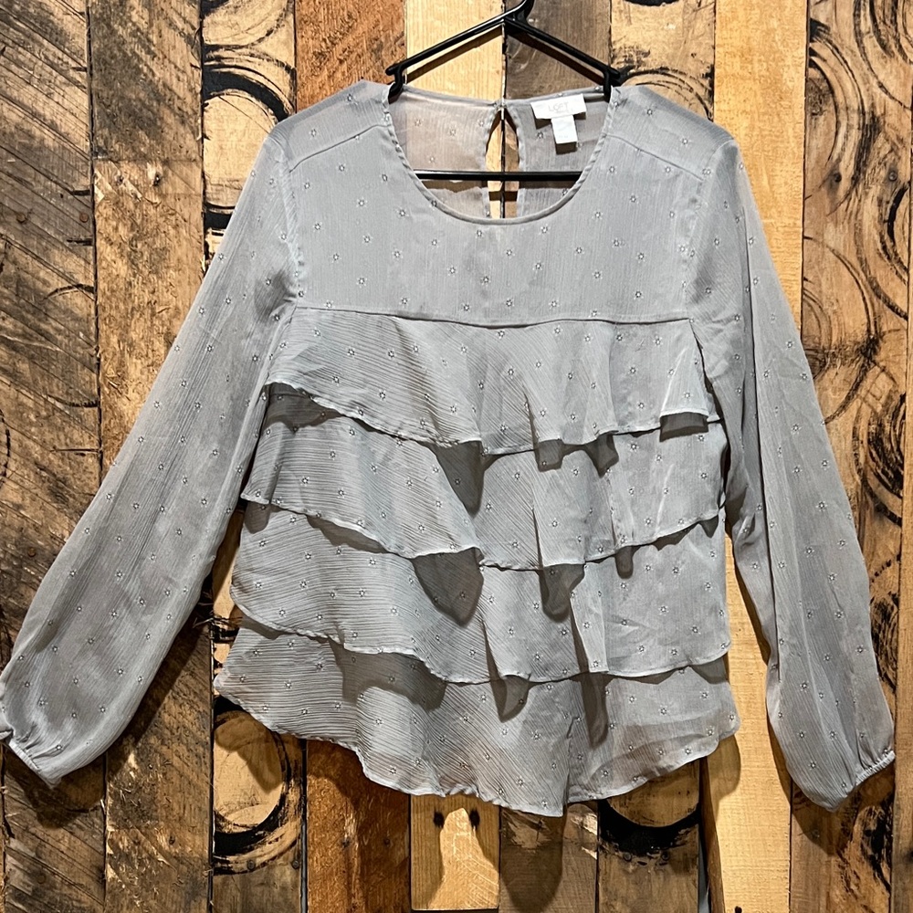 Loft Light Gray Ruffled Long-Sleeve Blouse